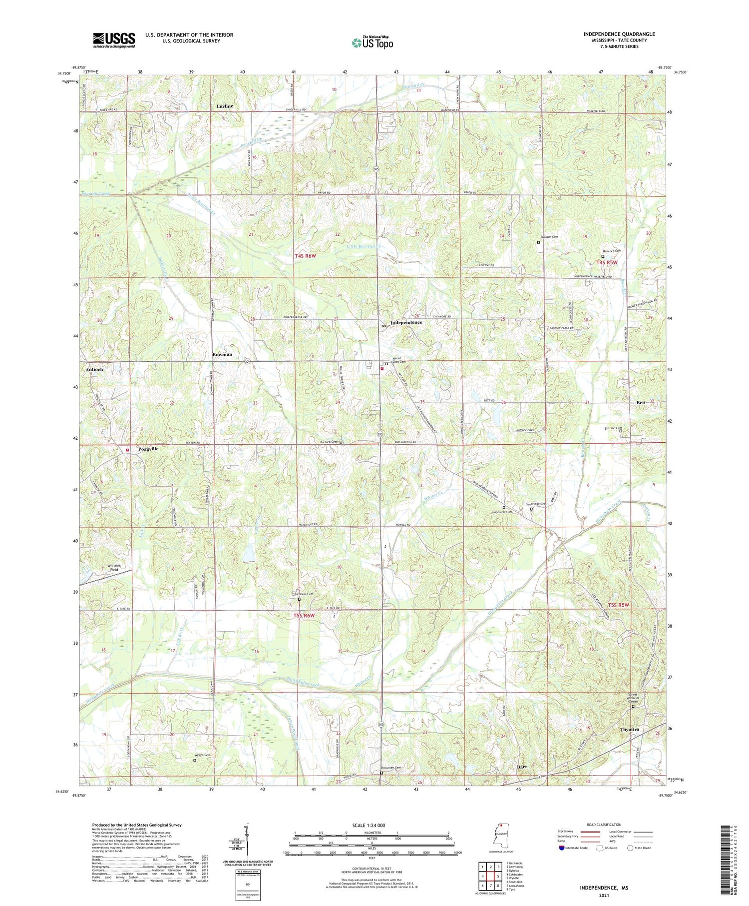 Independence Mississippi US Topo Map Image