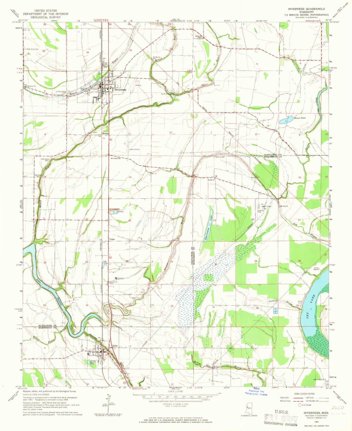 Classic USGS Inverness Mississippi 7.5'x7.5' Topo Map Image