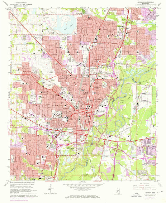 Classic USGS Jackson Mississippi 7.5'x7.5' Topo Map Image