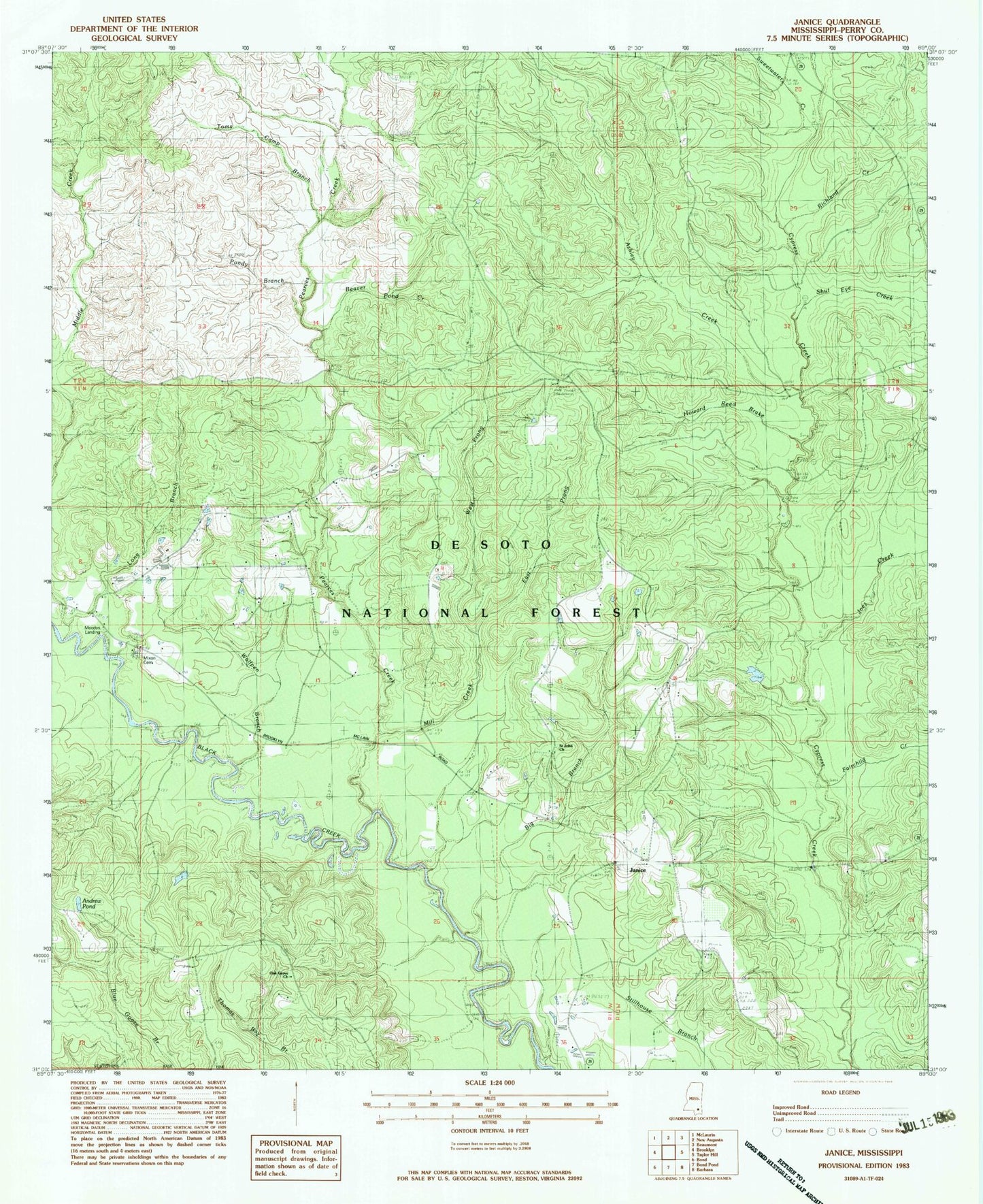 Classic USGS Janice Mississippi 7.5'x7.5' Topo Map Image
