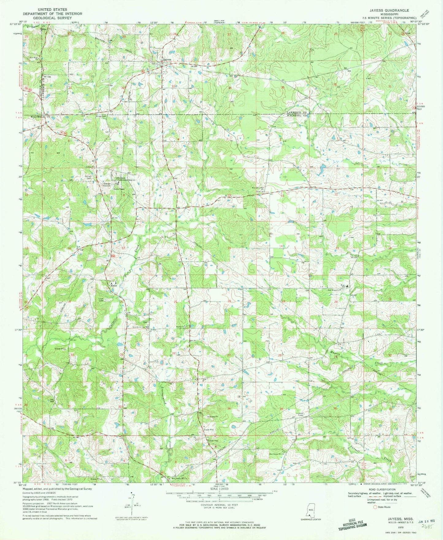 Classic USGS Jayess Mississippi 7.5'x7.5' Topo Map Image