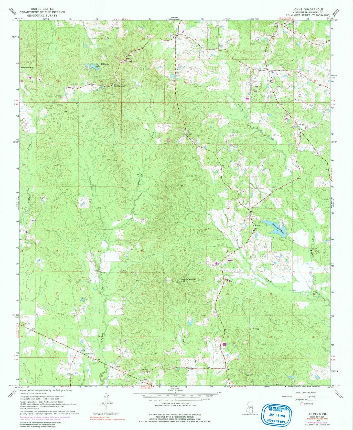 Classic USGS Johns Mississippi 7.5'x7.5' Topo Map Image