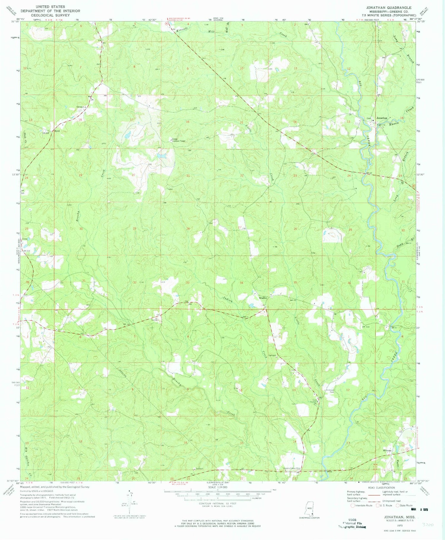 Classic USGS Jonathan Mississippi 7.5'x7.5' Topo Map Image