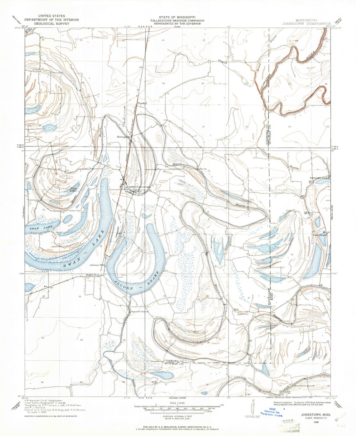 Classic USGS Jonestown Mississippi 7.5'x7.5' Topo Map Image