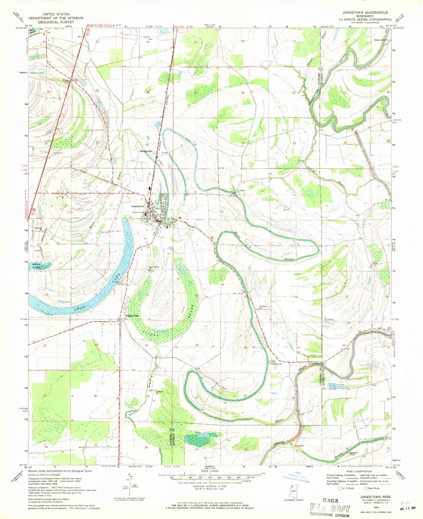 Classic USGS Jonestown Mississippi 7.5'x7.5' Topo Map Image