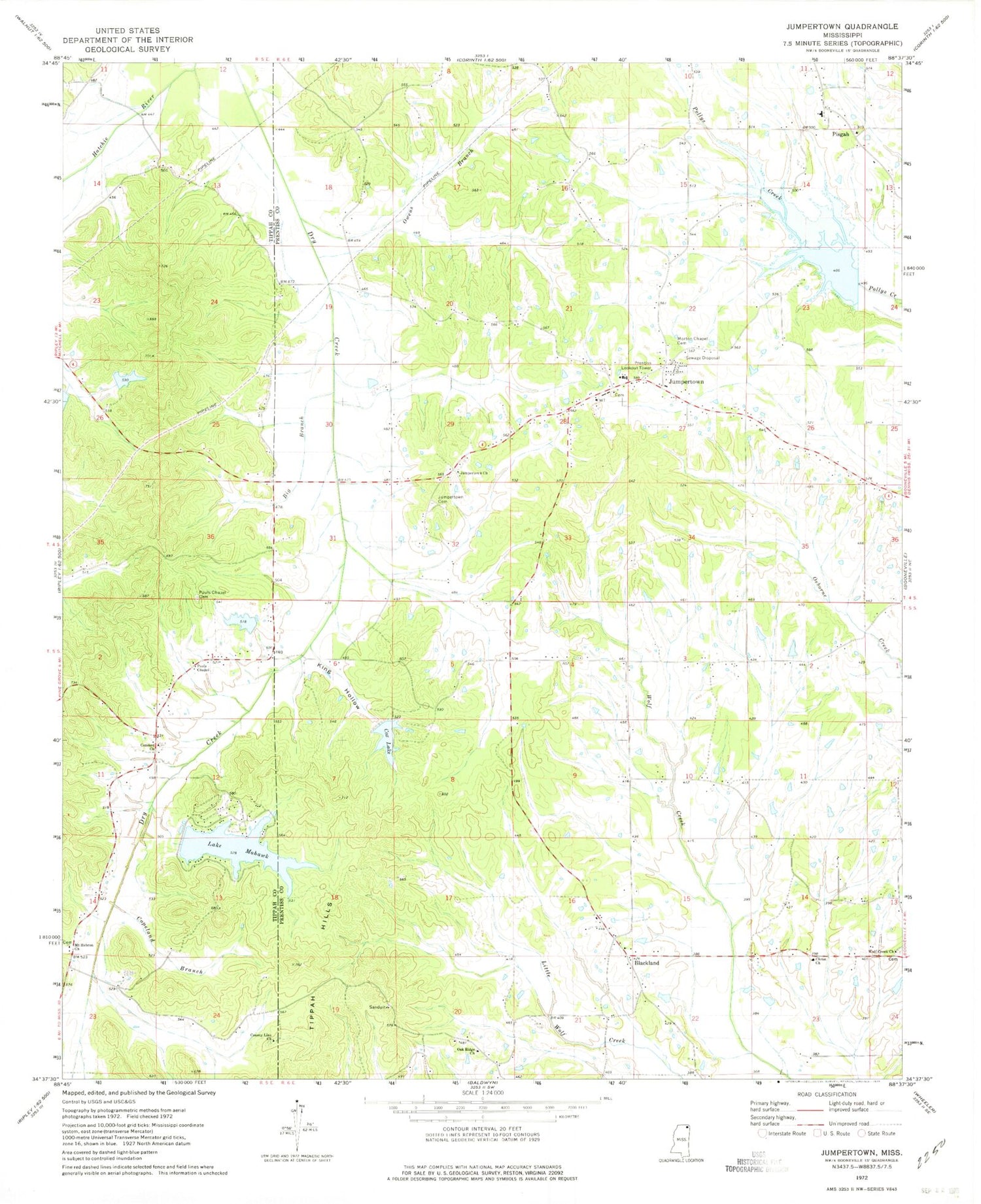 Classic USGS Jumpertown Mississippi 7.5'x7.5' Topo Map Image