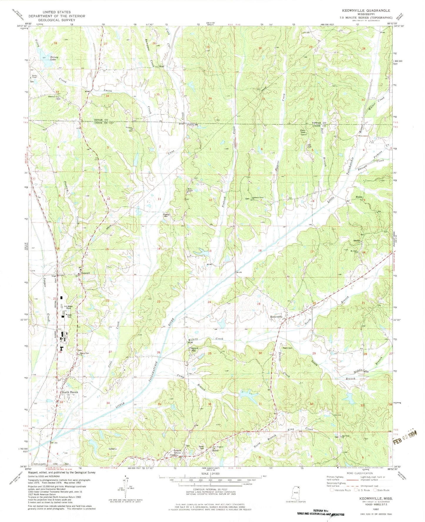 Classic USGS Keownville Mississippi 7.5'x7.5' Topo Map Image