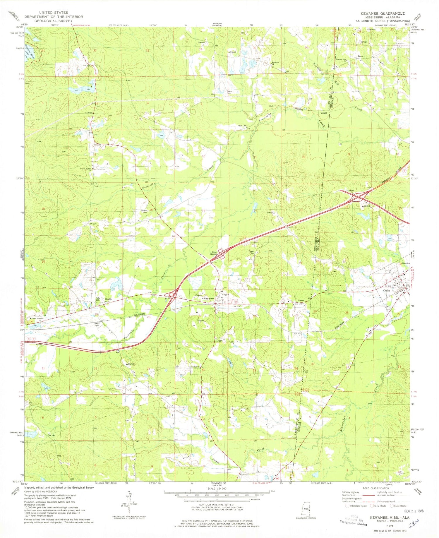Classic USGS Kewanee Mississippi 7.5'x7.5' Topo Map Image
