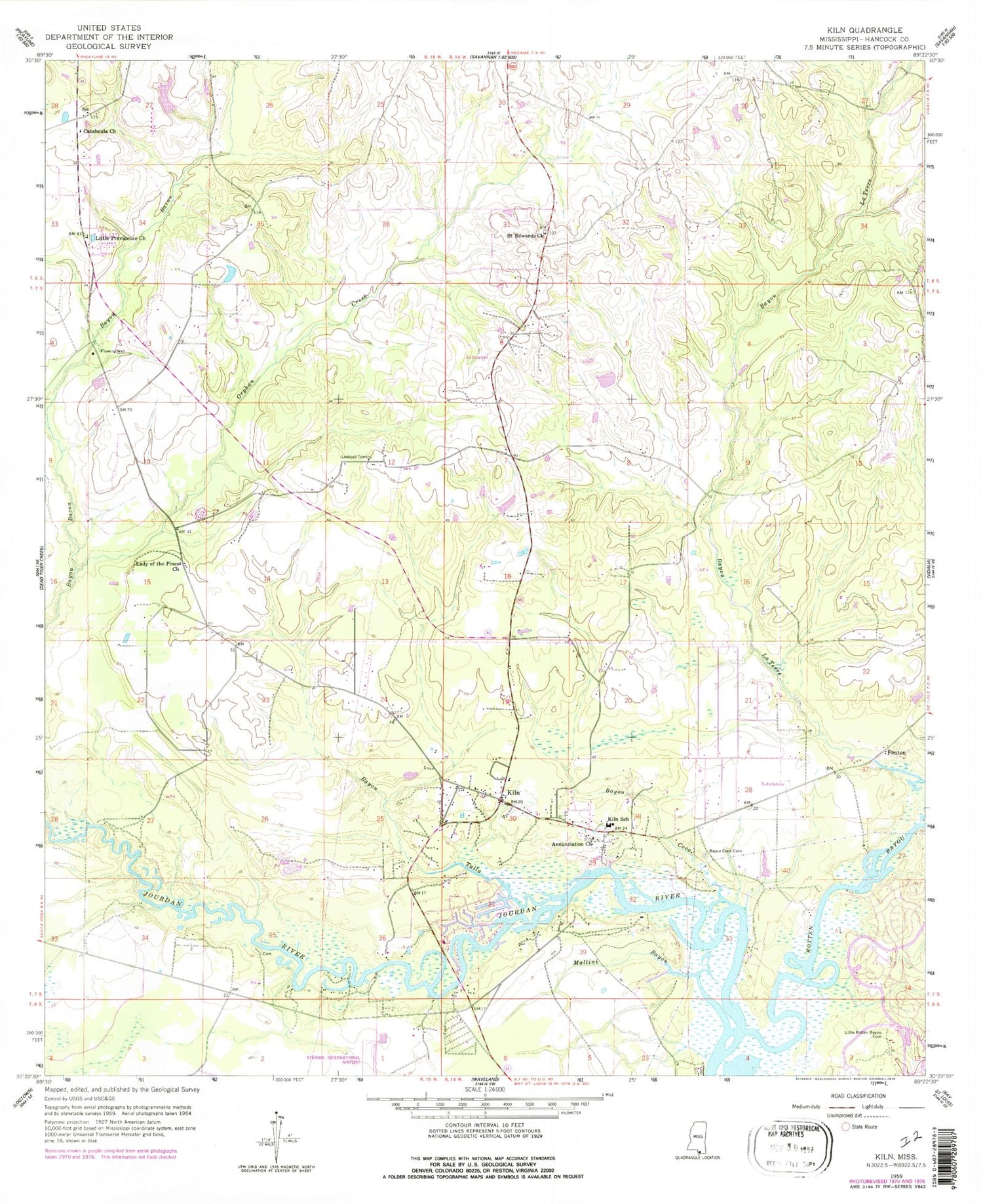 Classic USGS Kiln Mississippi 7.5'x7.5' Topo Map Image