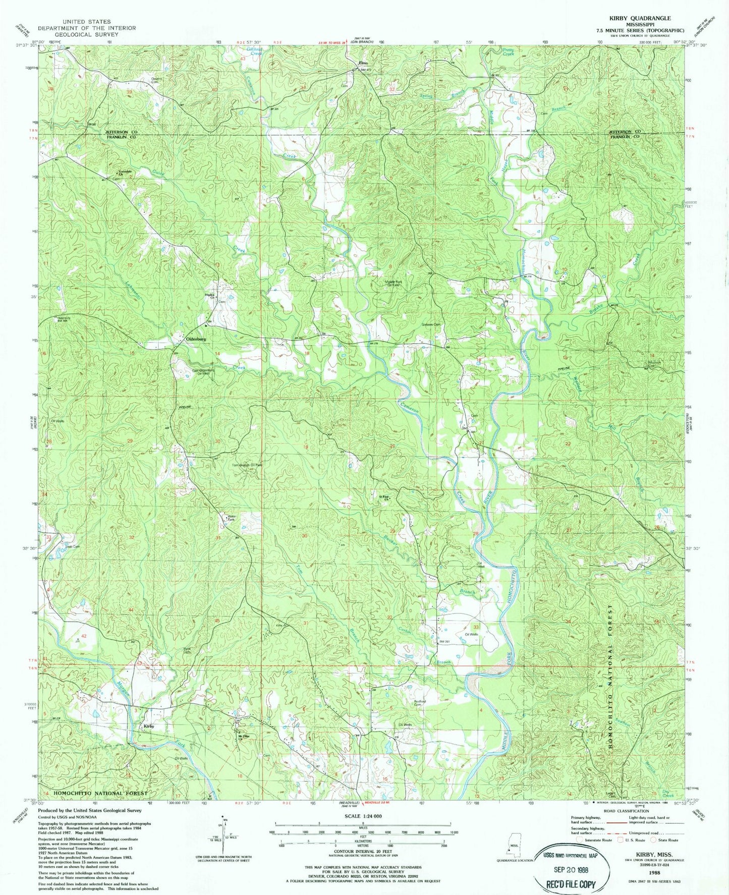 Classic USGS Kirby Mississippi 7.5'x7.5' Topo Map Image