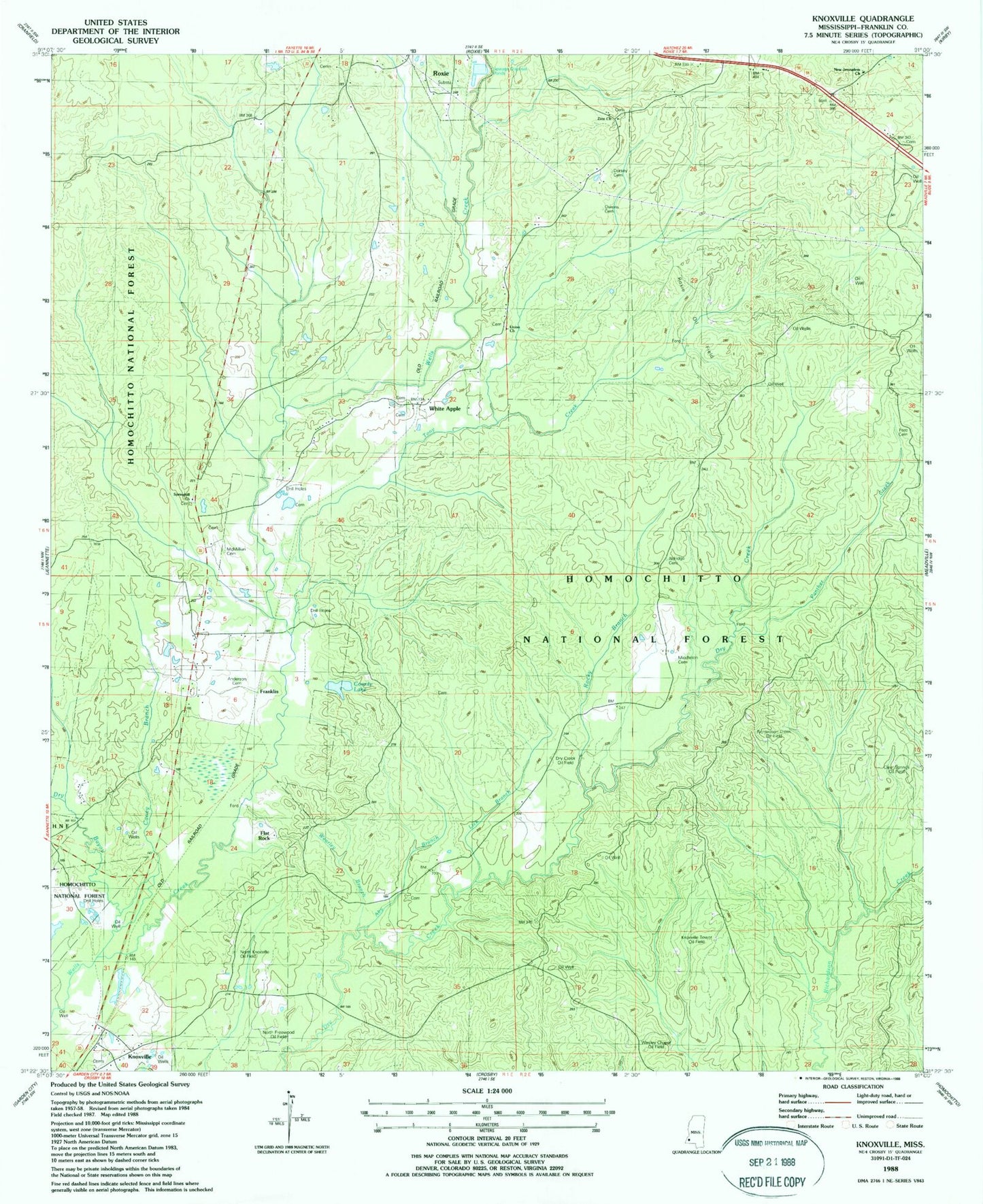Classic USGS Knoxville Mississippi 7.5'x7.5' Topo Map Image