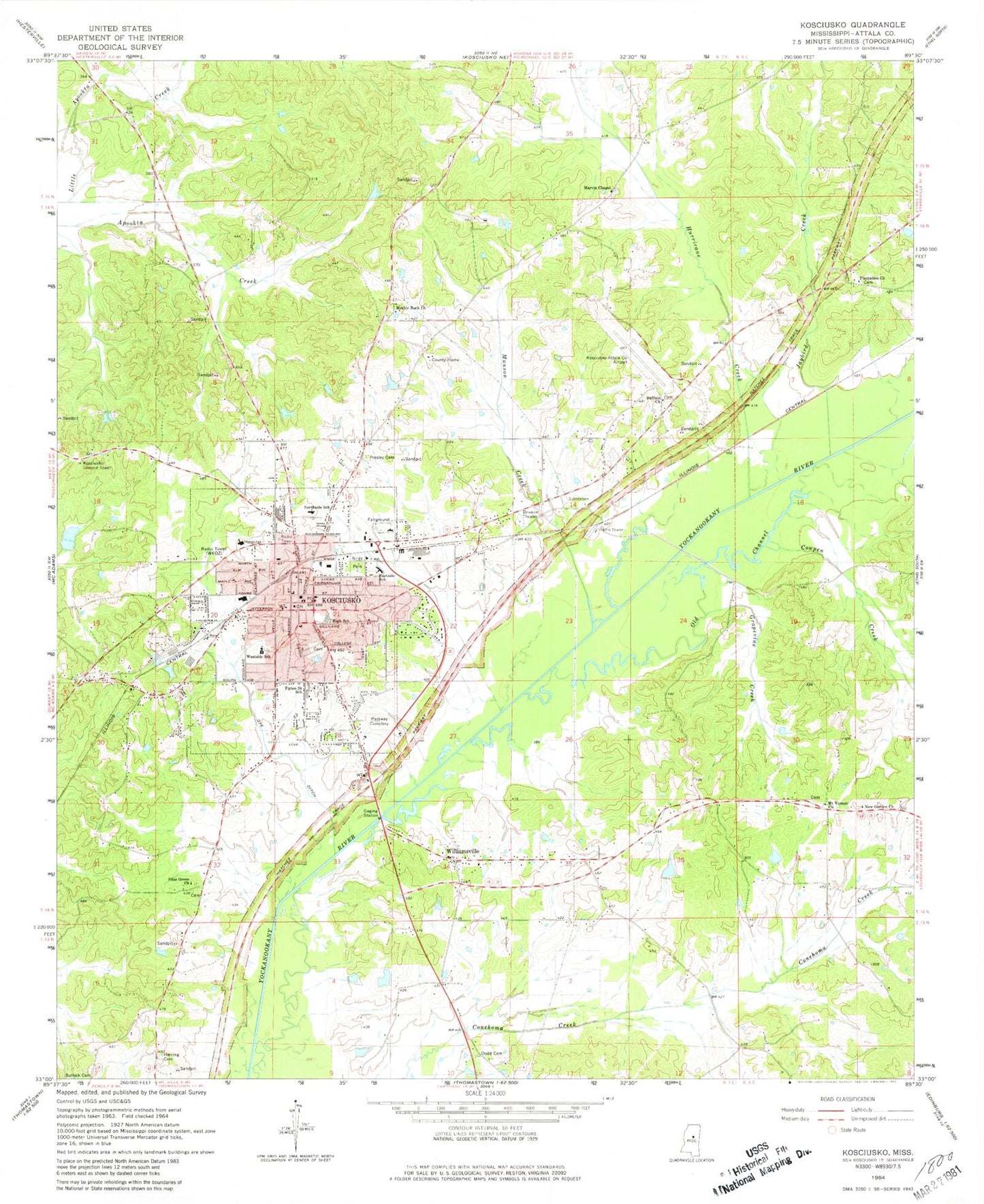 Classic USGS Kosciusko Mississippi 7.5'x7.5' Topo Map Image