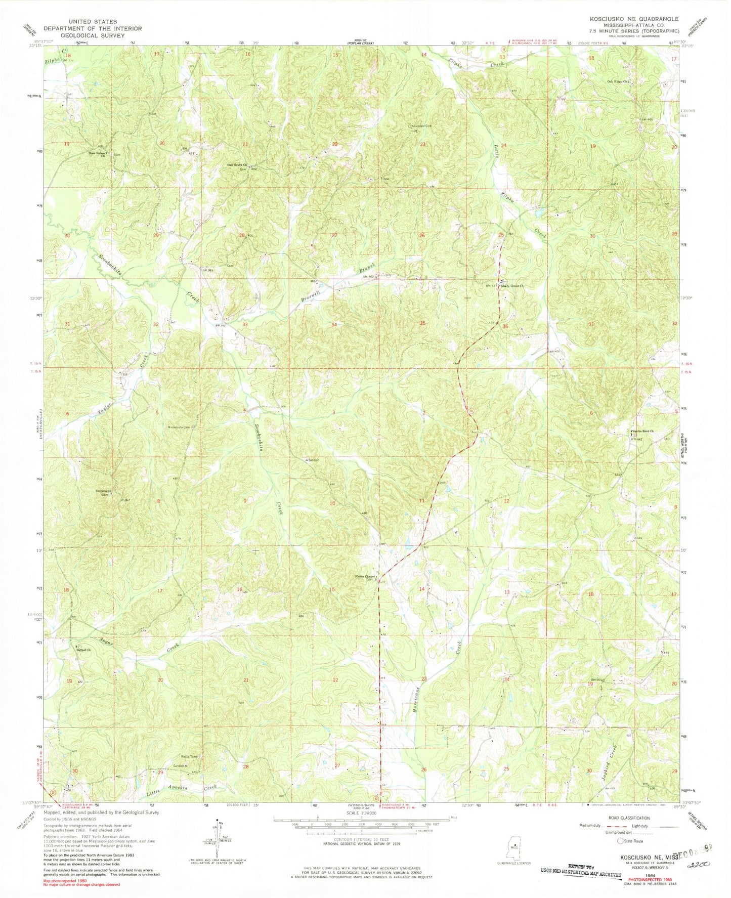 Classic USGS Kosciusko NE Mississippi 7.5'x7.5' Topo Map Image