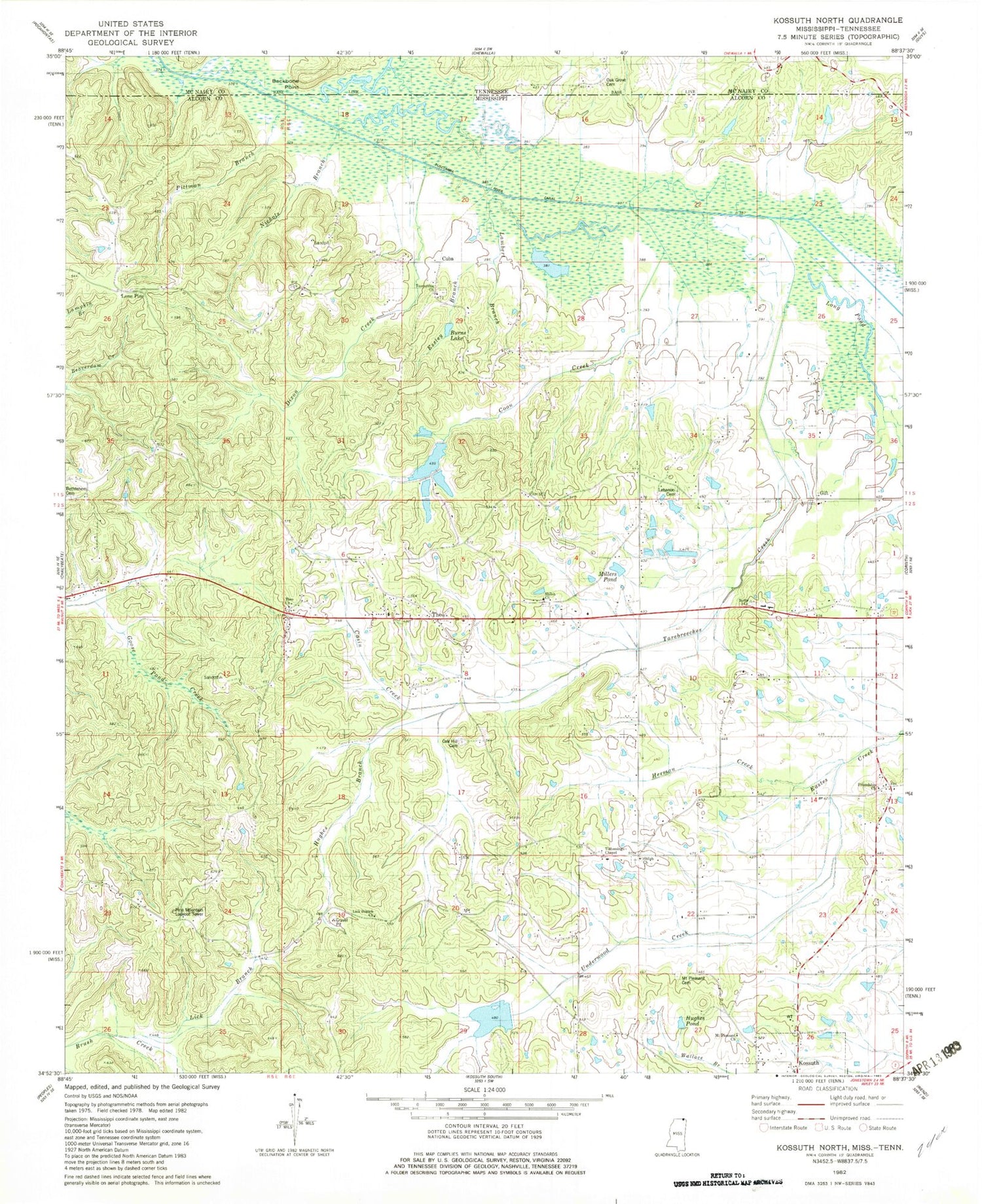 Classic USGS Kossuth North Mississippi 7.5'x7.5' Topo Map Image