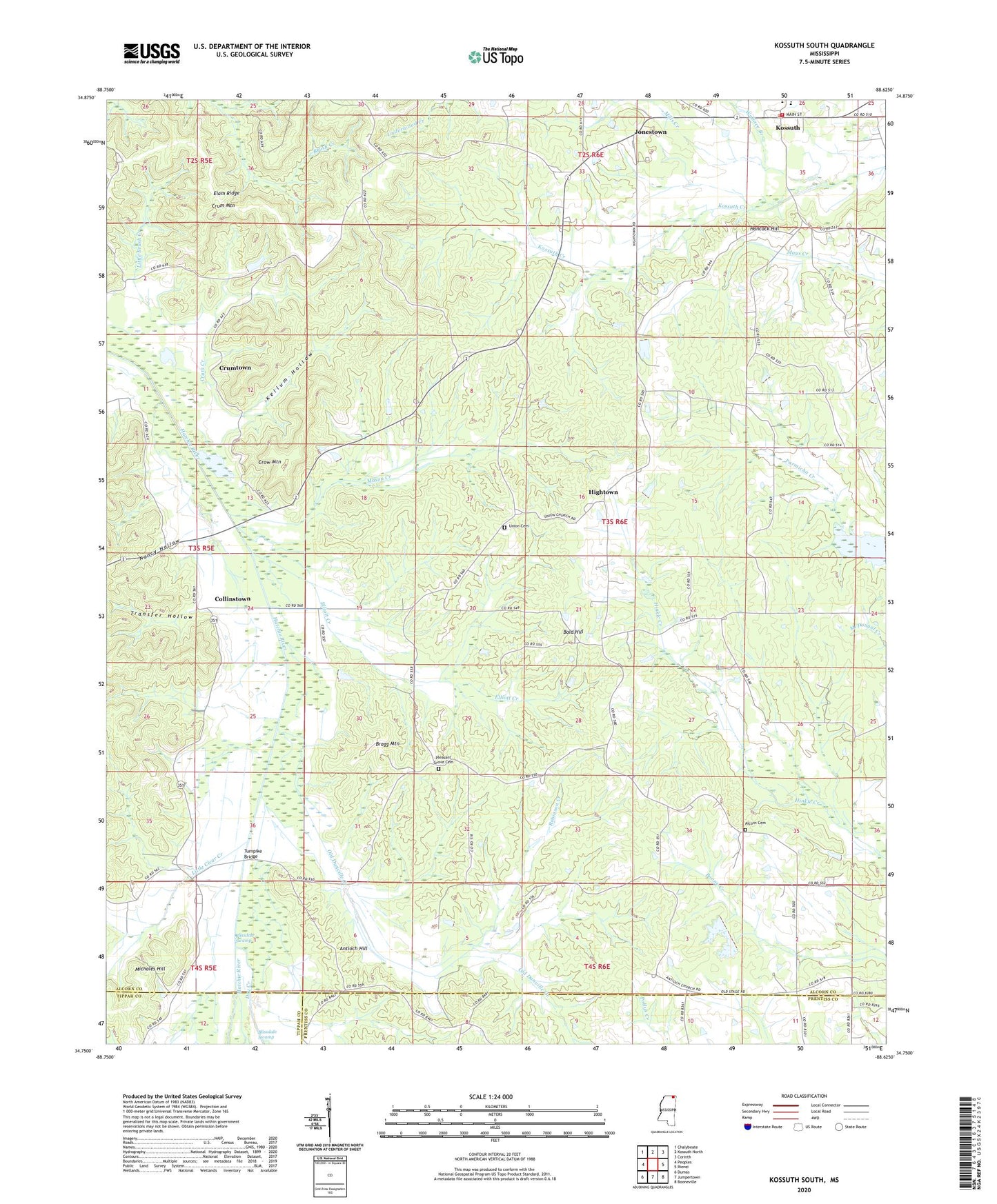 Kossuth South Mississippi US Topo Map Image