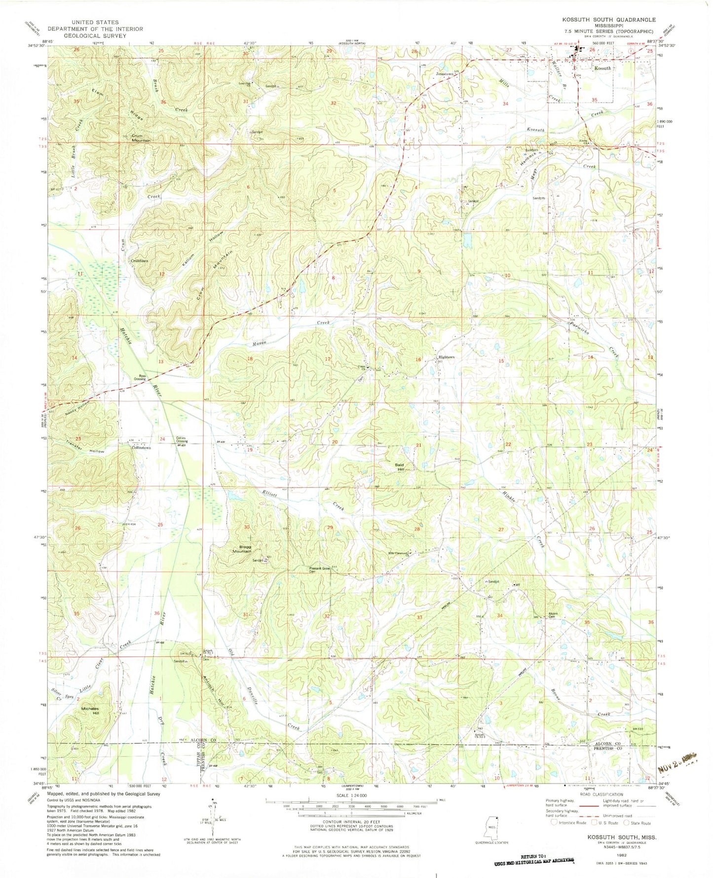 Classic USGS Kossuth South Mississippi 7.5'x7.5' Topo Map Image