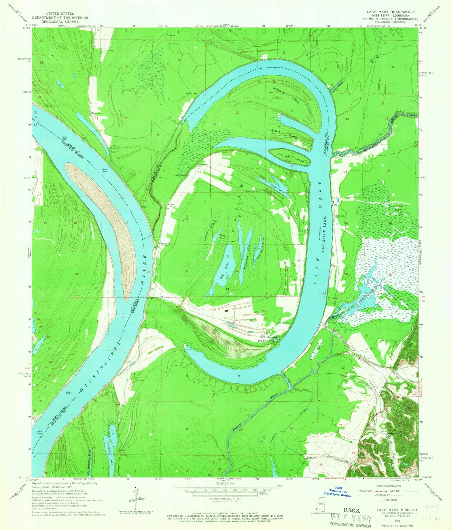 Classic USGS Lake Mary Mississippi 7.5'x7.5' Topo Map Image