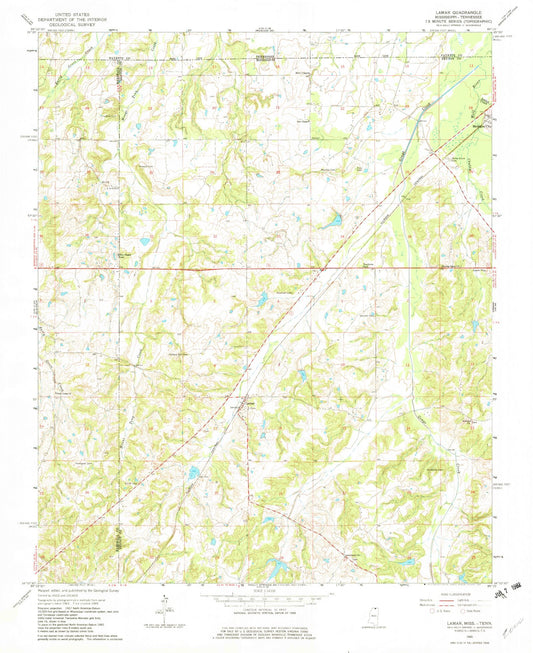 Classic USGS Lamar Mississippi 7.5'x7.5' Topo Map Image