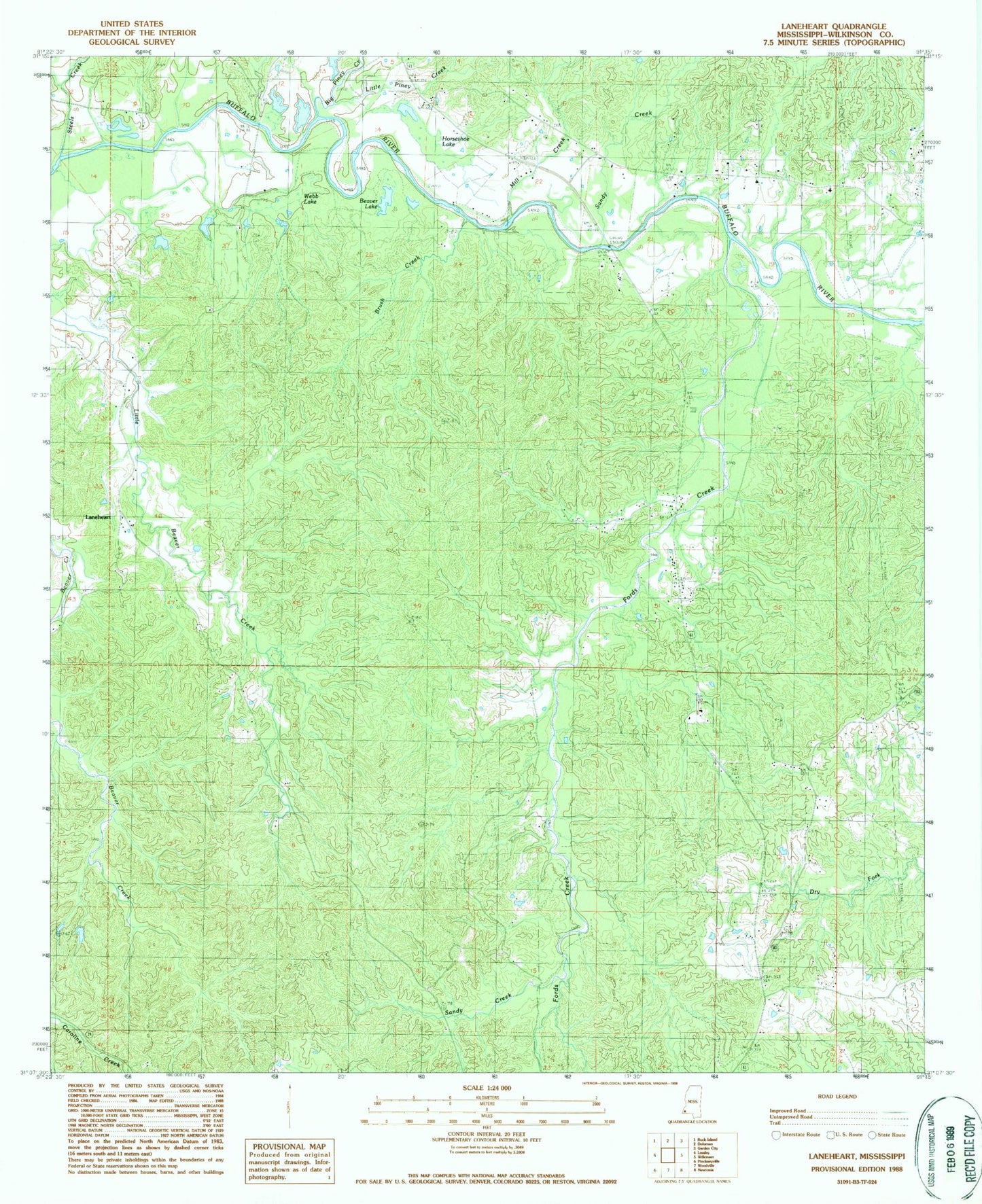 Classic USGS Laneheart Mississippi 7.5'x7.5' Topo Map Image