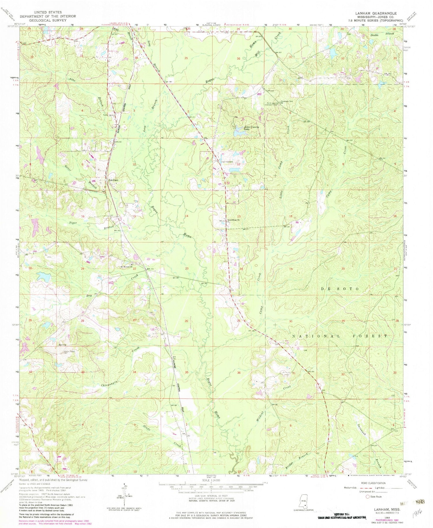 Classic USGS Lanham Mississippi 7.5'x7.5' Topo Map Image