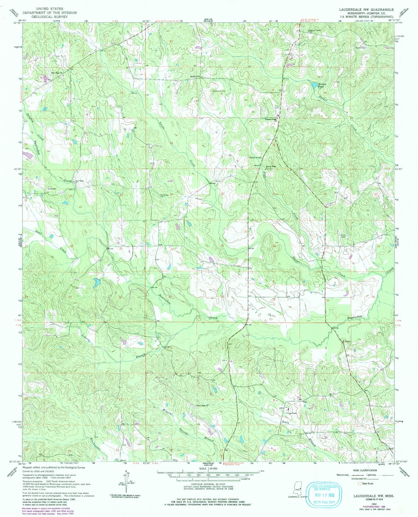 Classic USGS Lauderdale NW Mississippi 7.5'x7.5' Topo Map Image