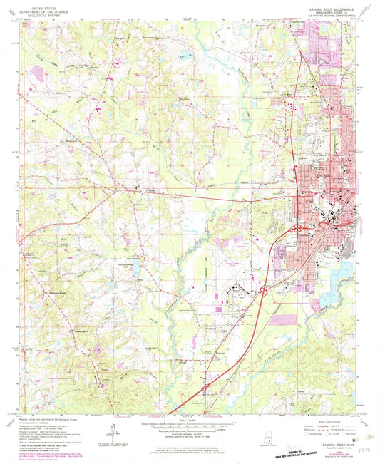 Classic USGS Laurel West Mississippi 7.5'x7.5' Topo Map Image