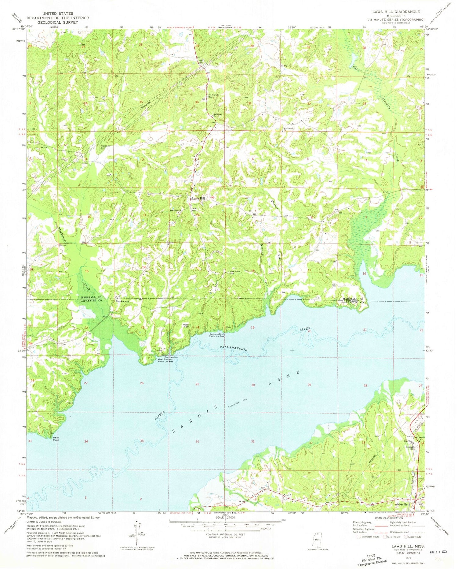 Classic USGS Laws Hill Mississippi 7.5'x7.5' Topo Map Image