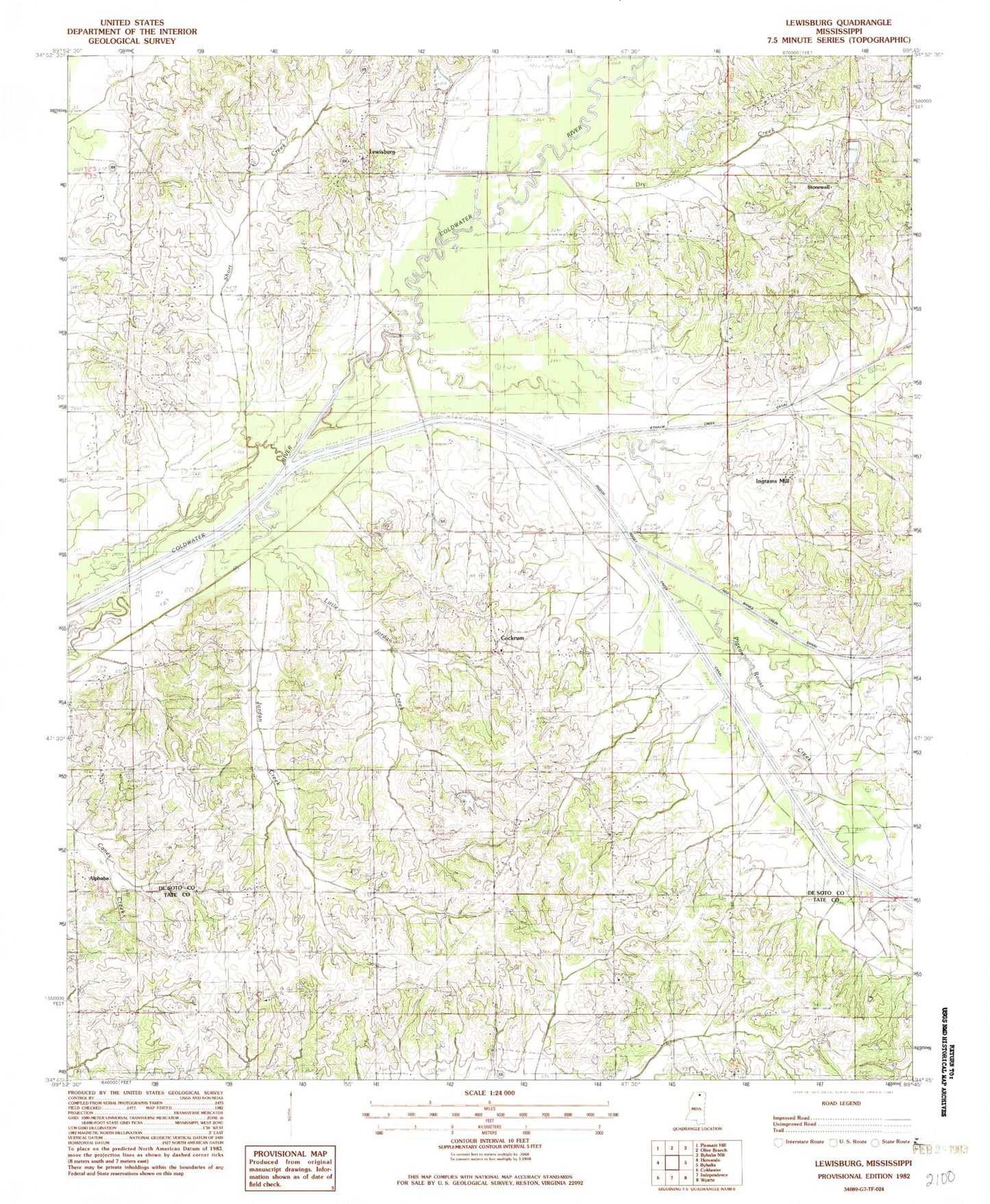 Classic USGS Lewisburg Mississippi 7.5'x7.5' Topo Map Image