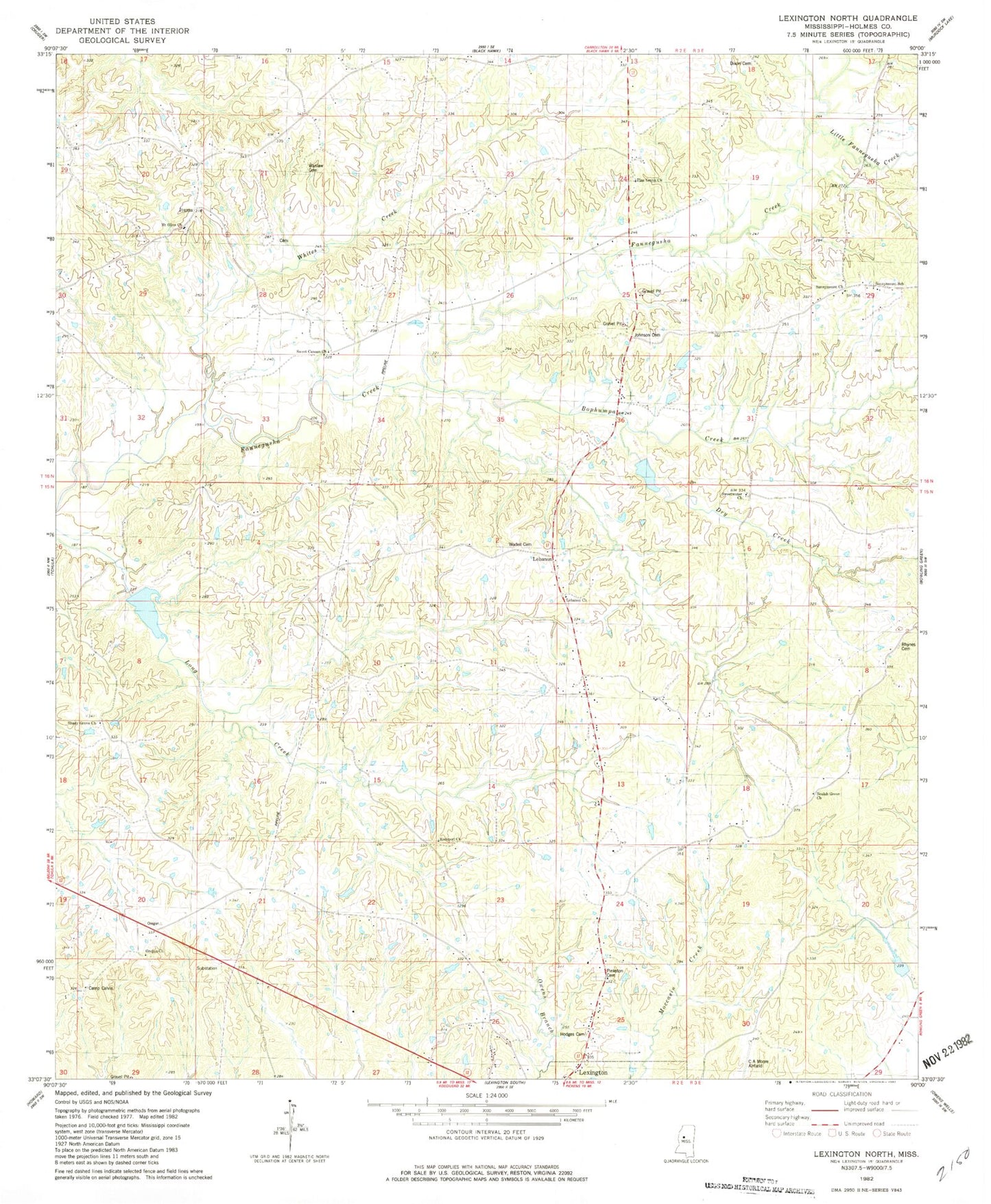 Classic USGS Lexington North Mississippi 7.5'x7.5' Topo Map Image