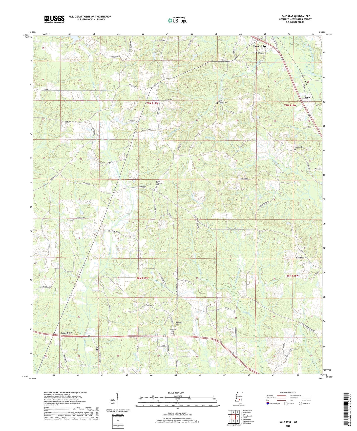 Lone Star Mississippi US Topo Map Image