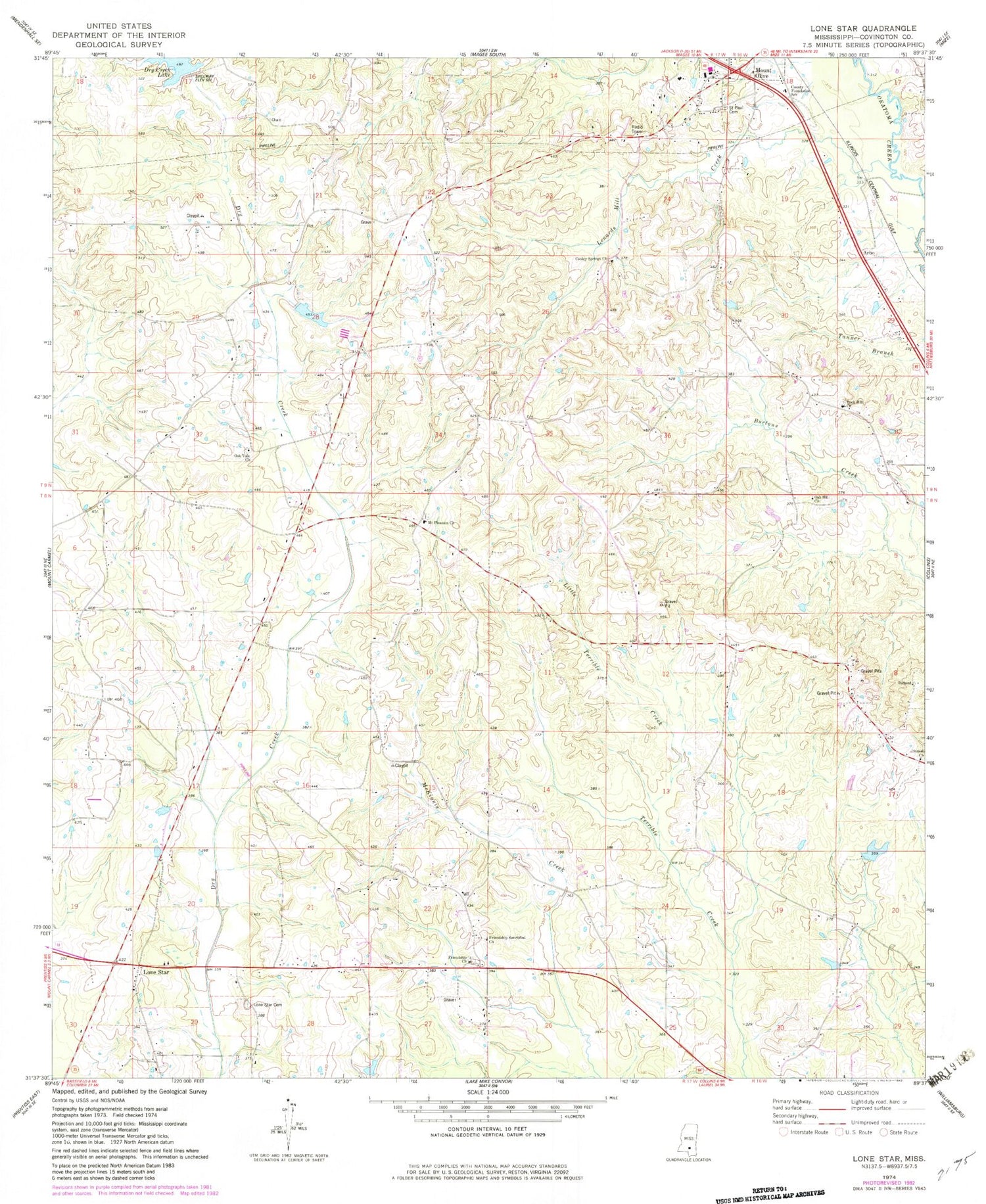 Classic USGS Lone Star Mississippi 7.5'x7.5' Topo Map Image