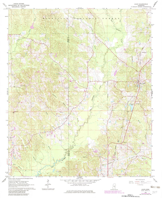 Classic USGS Louin Mississippi 7.5'x7.5' Topo Map Image