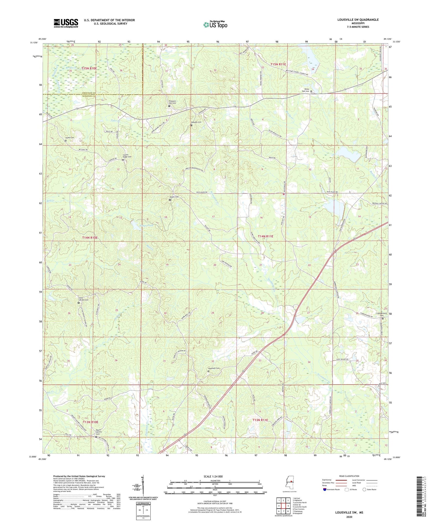 Louisville SW Mississippi US Topo Map Image