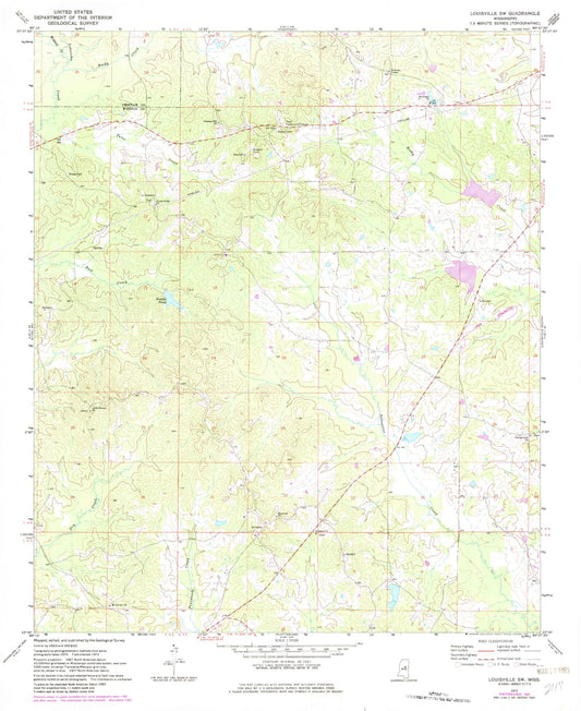 Classic USGS Louisville SW Mississippi 7.5'x7.5' Topo Map Image
