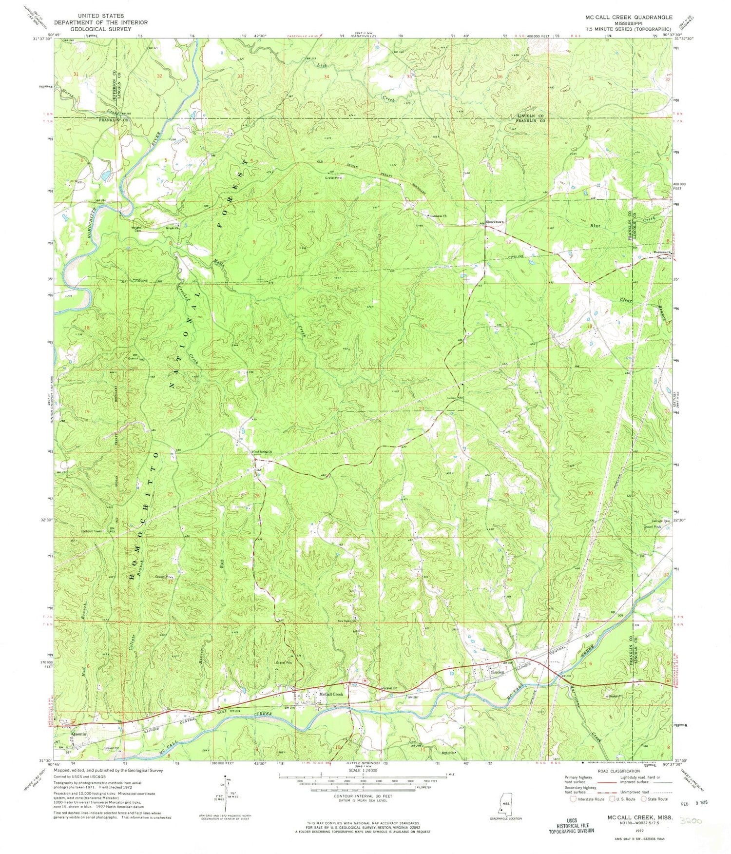 Classic USGS McCall Creek Mississippi 7.5'x7.5' Topo Map Image