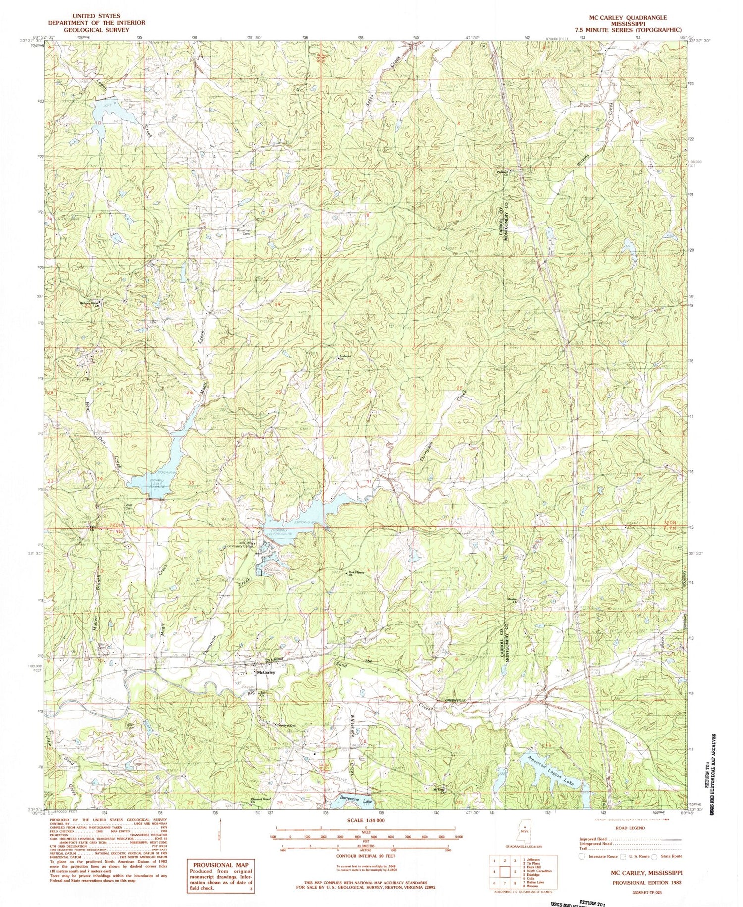Classic USGS McCarley Mississippi 7.5'x7.5' Topo Map Image