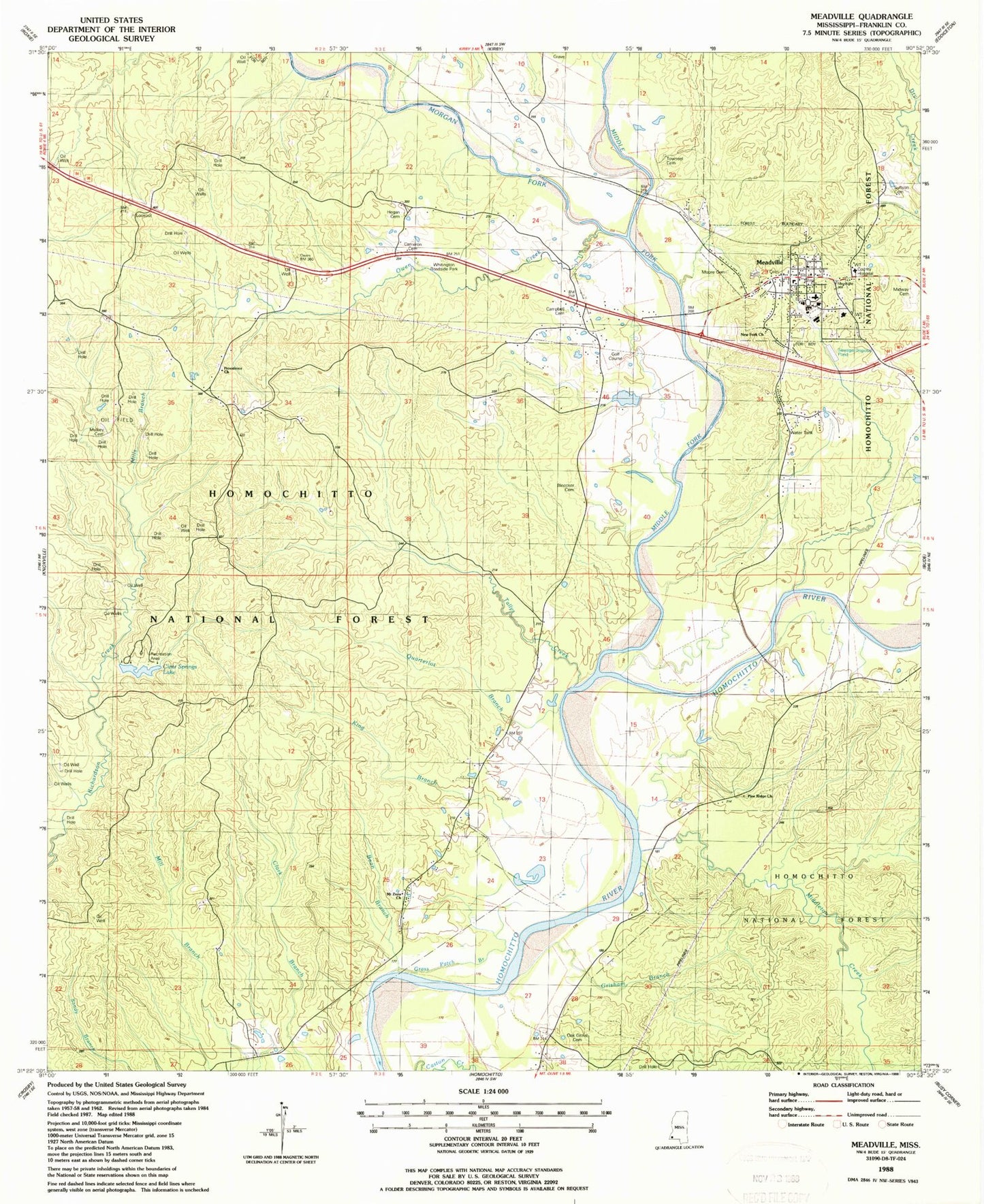 Classic USGS Meadville Mississippi 7.5'x7.5' Topo Map Image