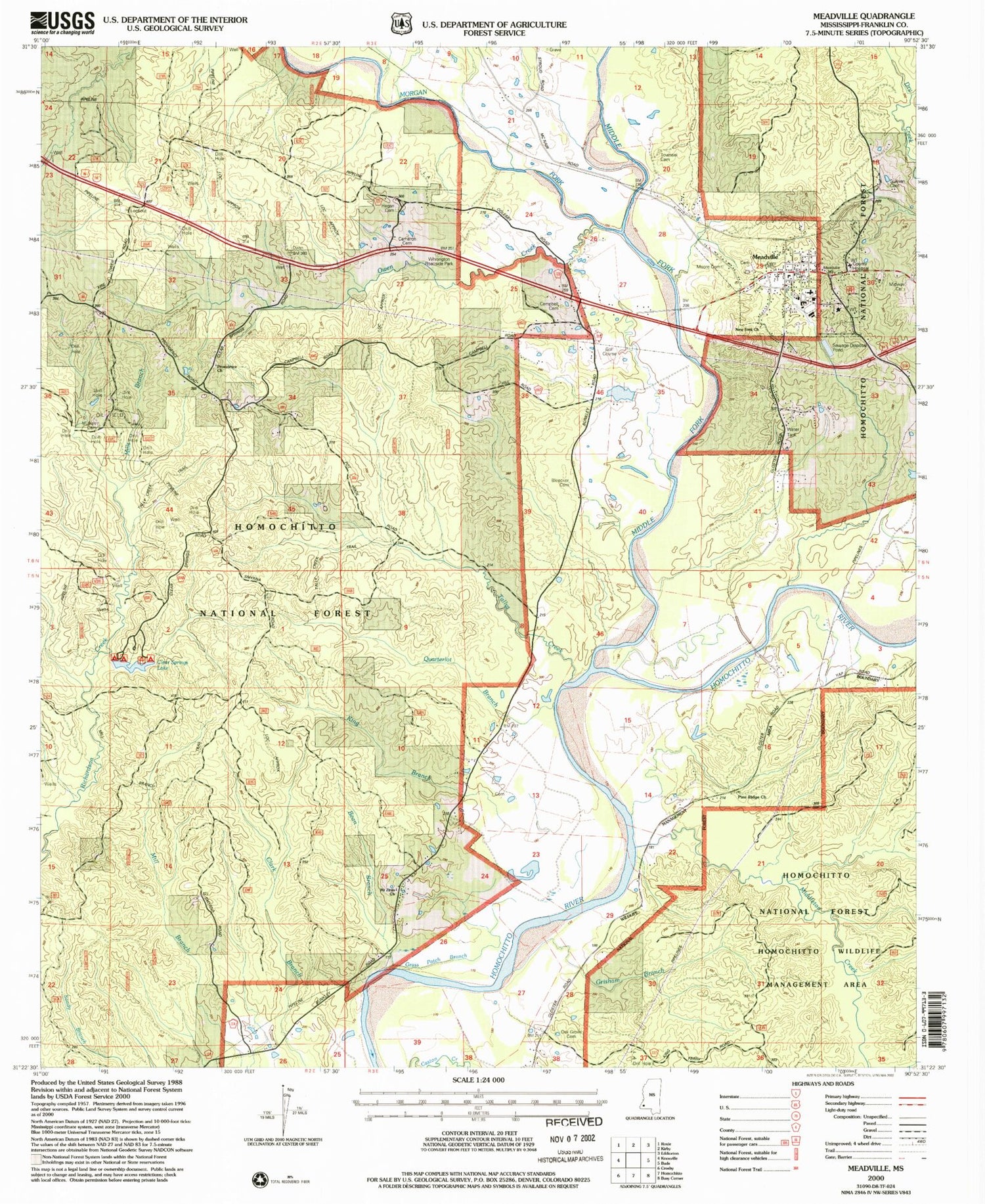 Classic USGS Meadville Mississippi 7.5'x7.5' Topo Map Image