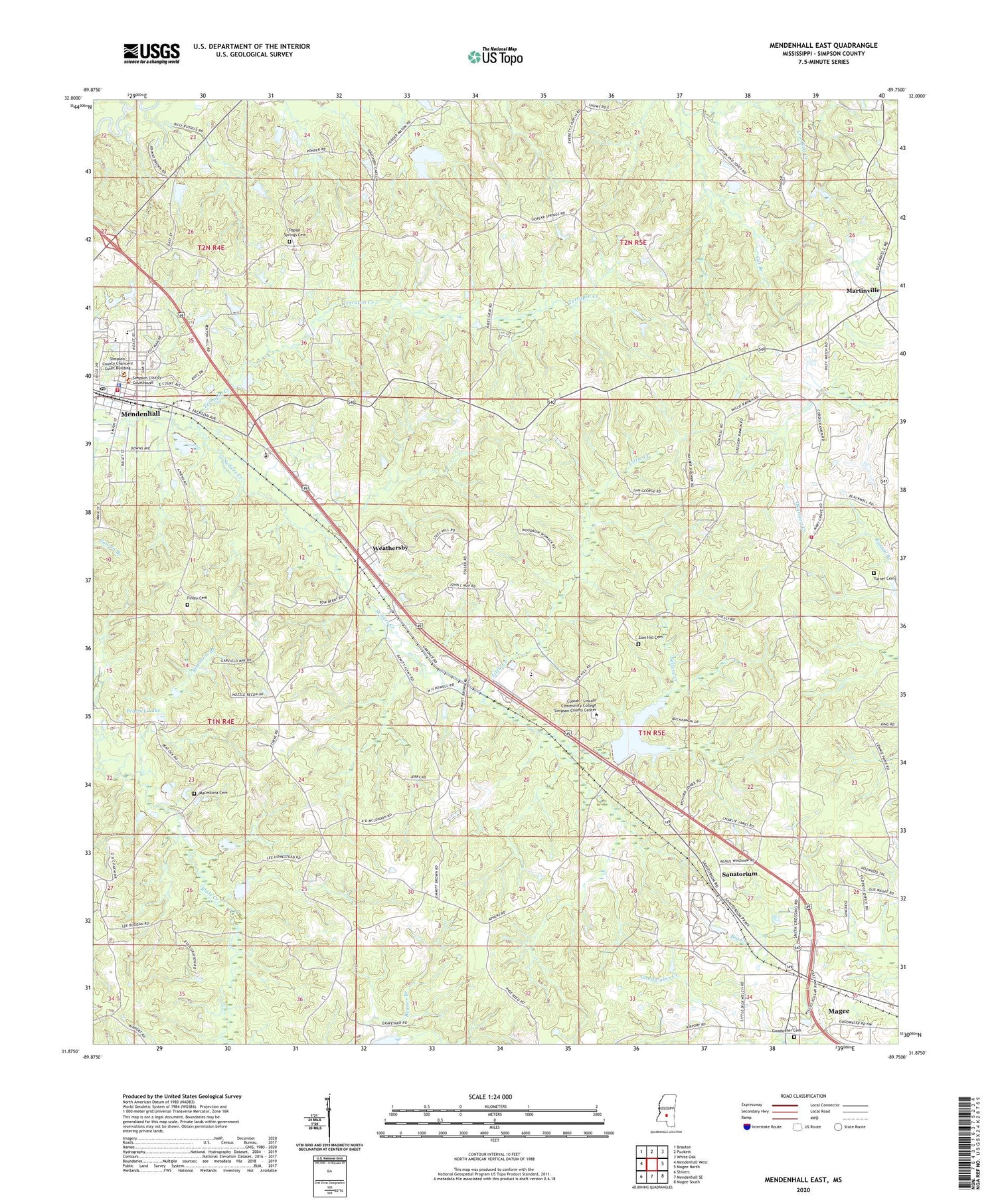 Mendenhall East Mississippi US Topo Map Image