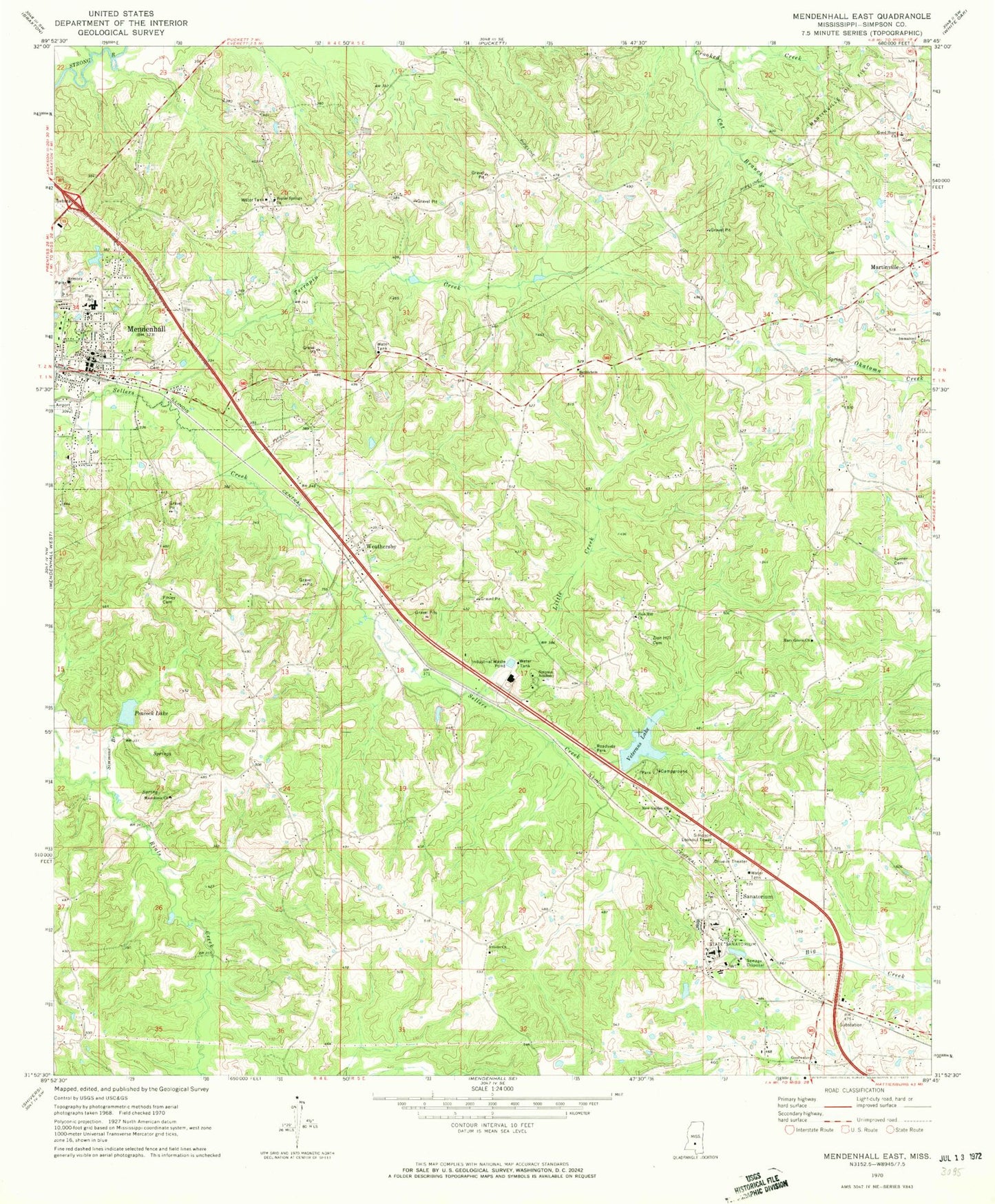Classic USGS Mendenhall East Mississippi 7.5'x7.5' Topo Map Image