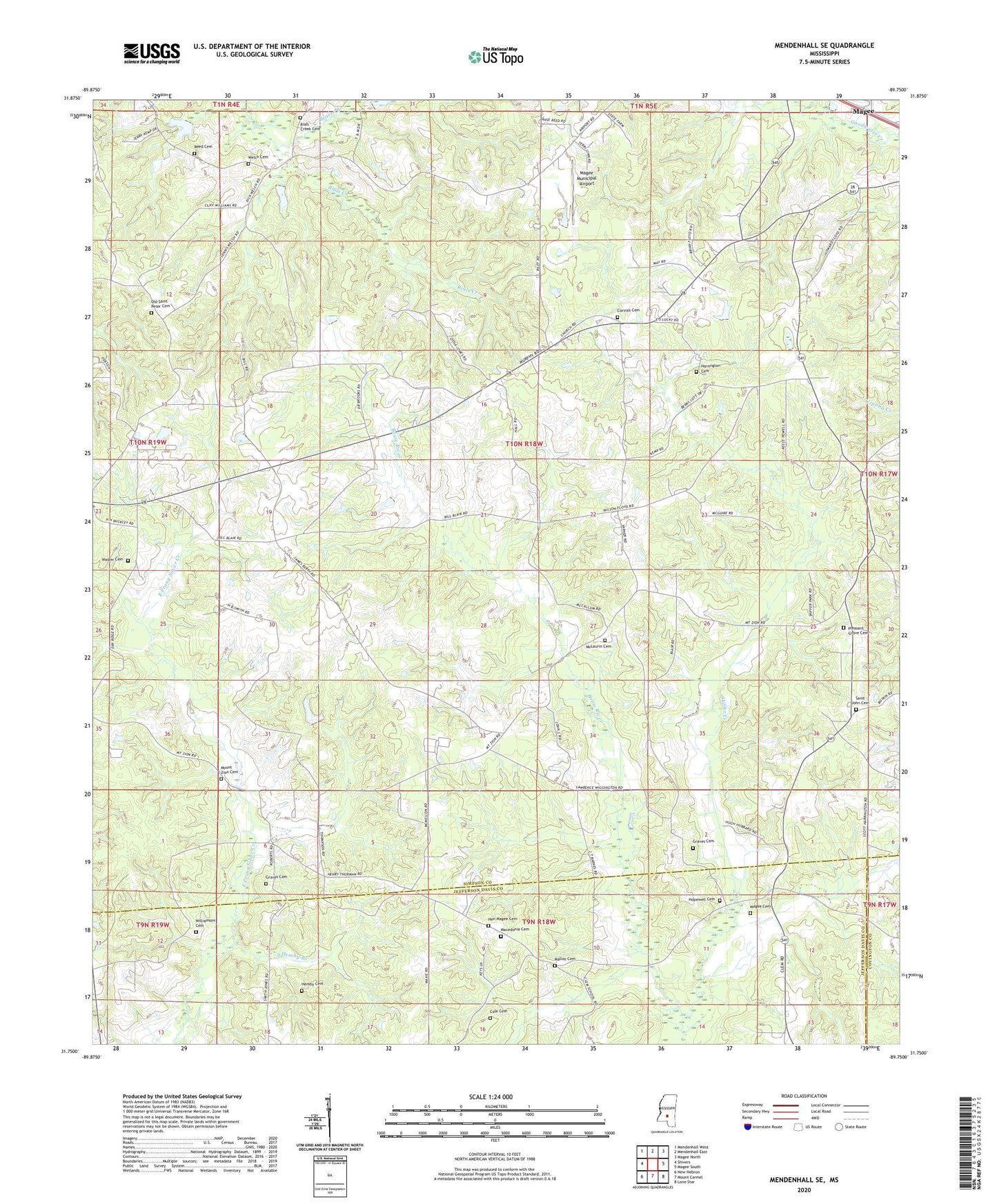 Mendenhall SE Mississippi US Topo Map Image