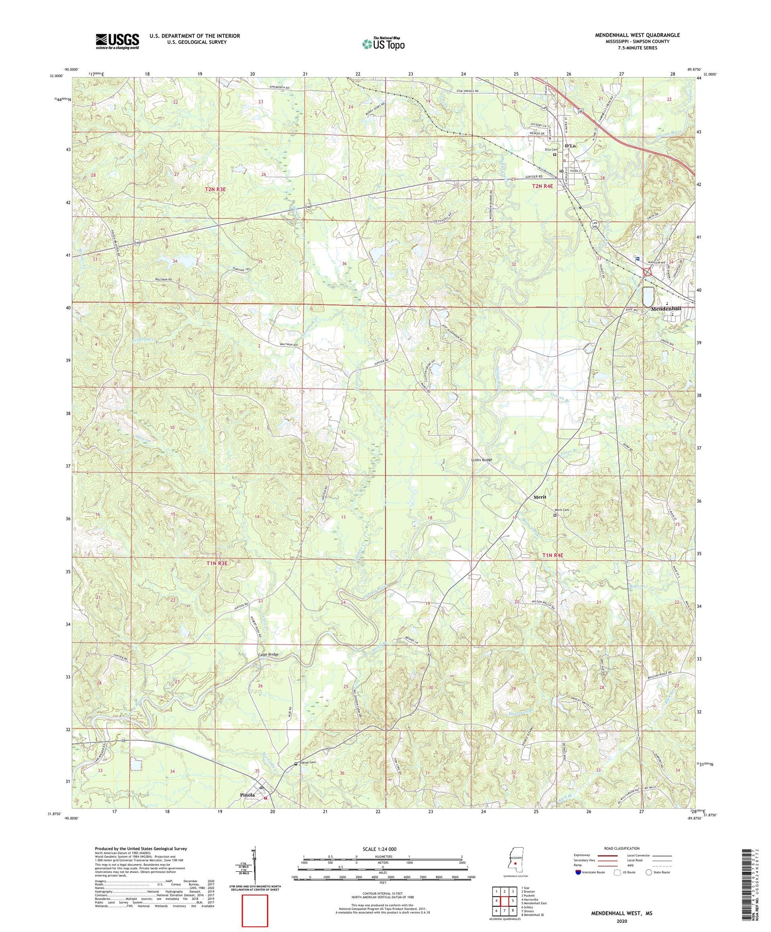 Mendenhall West Mississippi US Topo Map Image