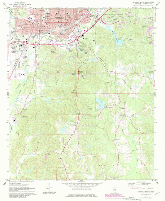 Classic USGS Meridian South Mississippi 7.5'x7.5' Topo Map Image