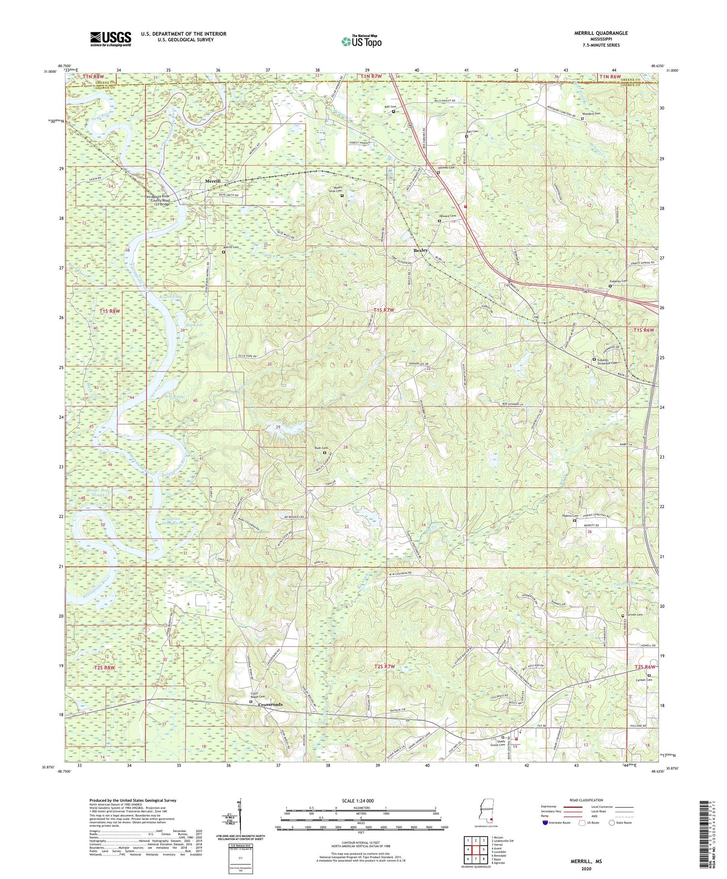 Merrill Mississippi US Topo Map Image
