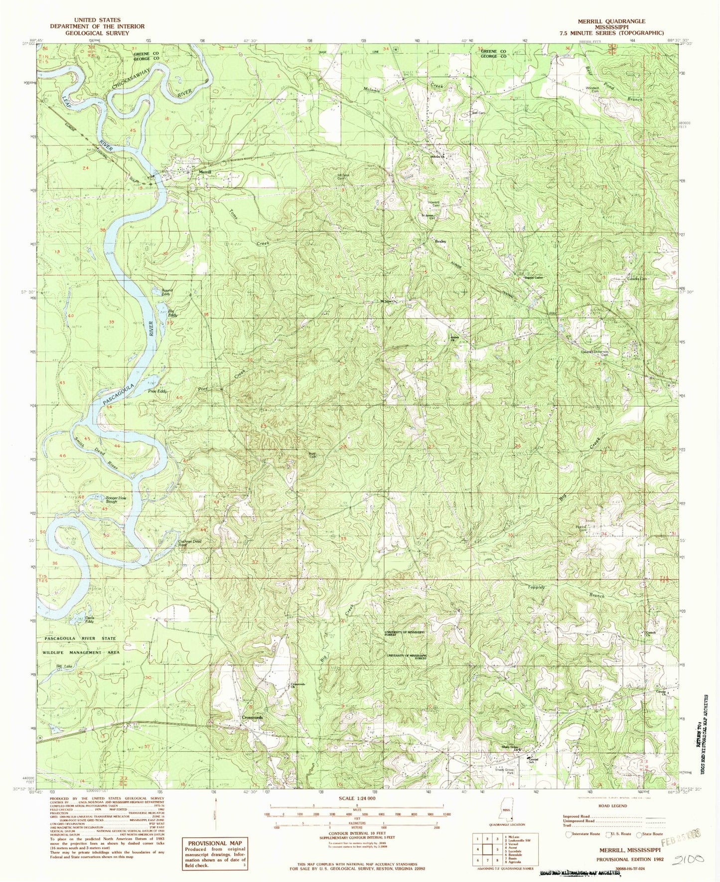 Classic USGS Merrill Mississippi 7.5'x7.5' Topo Map Image