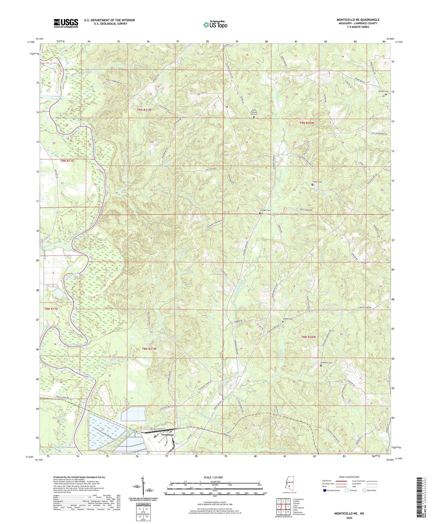 Monticello NE Mississippi US Topo Map Image