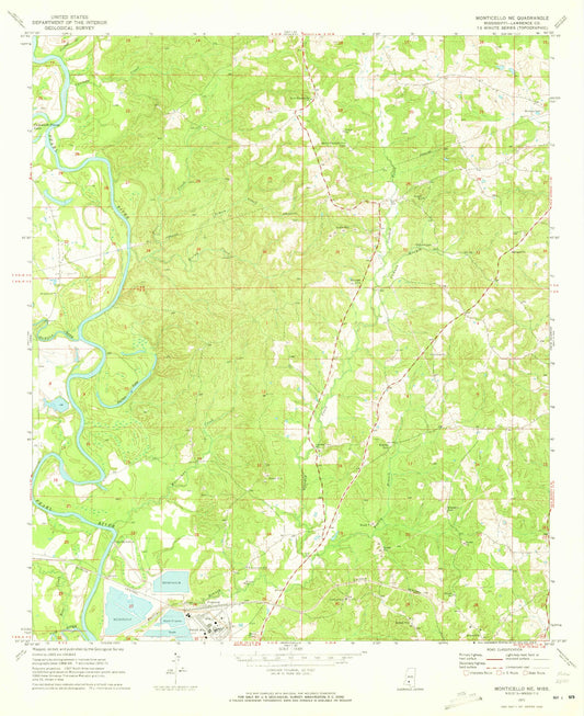 Classic USGS Monticello NE Mississippi 7.5'x7.5' Topo Map Image