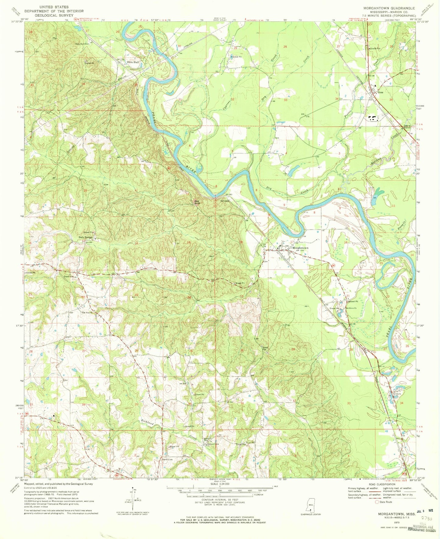 Classic USGS Morgantown Mississippi 7.5'x7.5' Topo Map Image