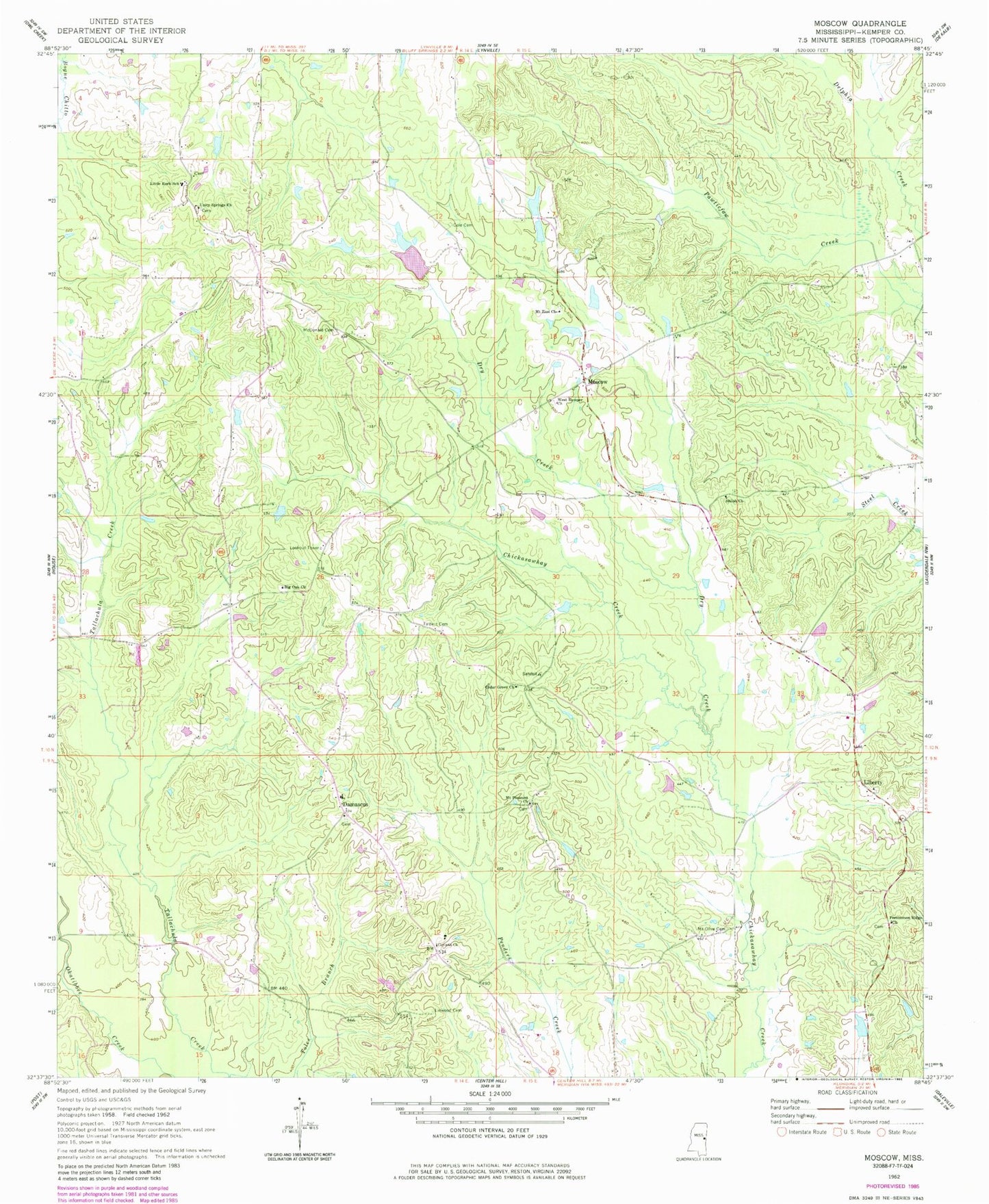 Classic USGS Moscow Mississippi 7.5'x7.5' Topo Map Image