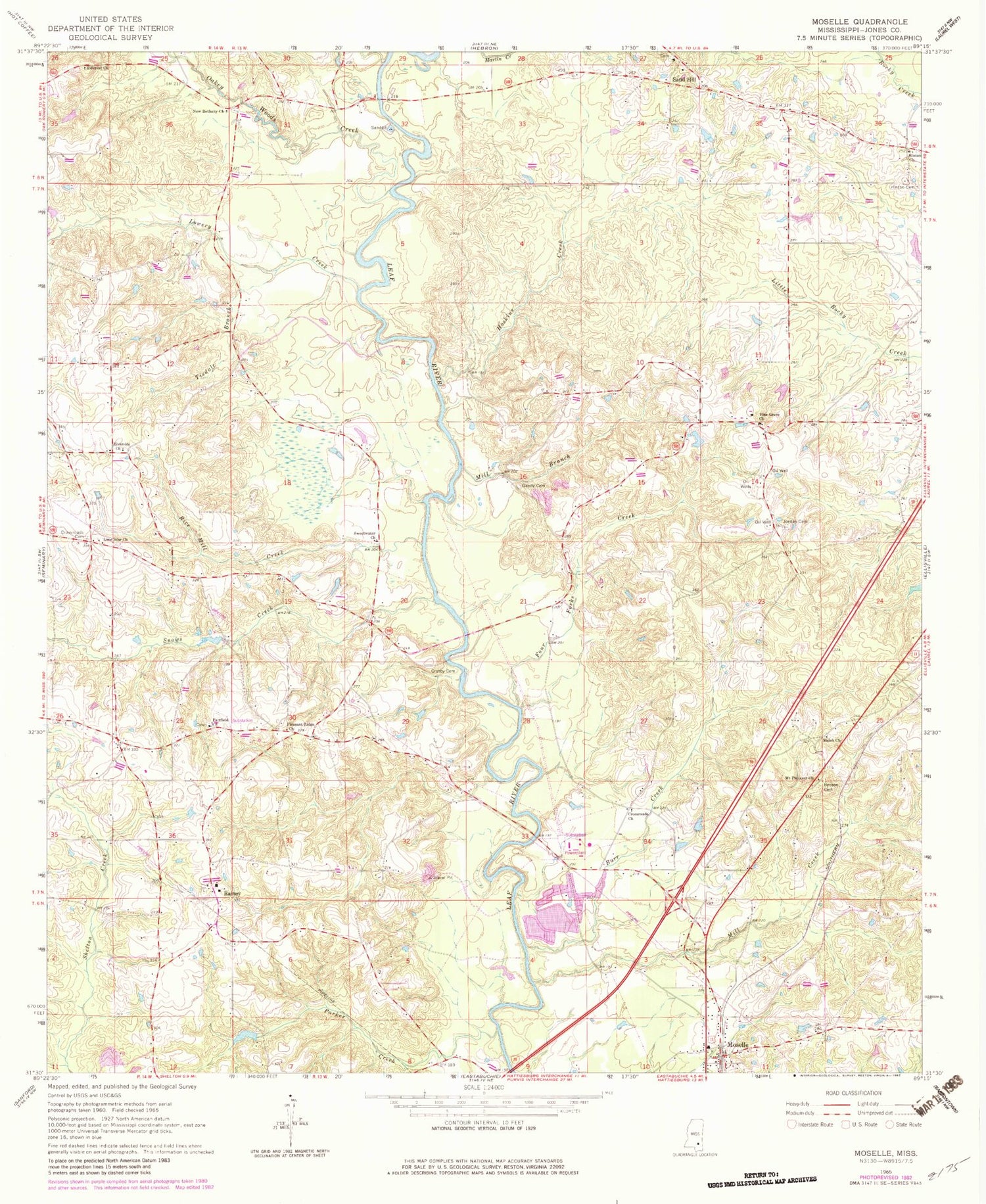 Classic USGS Moselle Mississippi 7.5'x7.5' Topo Map Image